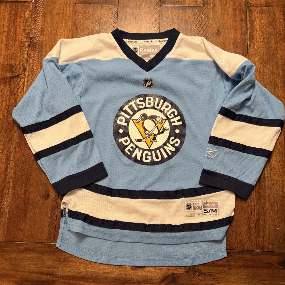 Pittsburgh Penguins Jersey Boys Medium Blue NHL Hockey Reebok S/M Throwback - Picture 2 of 10